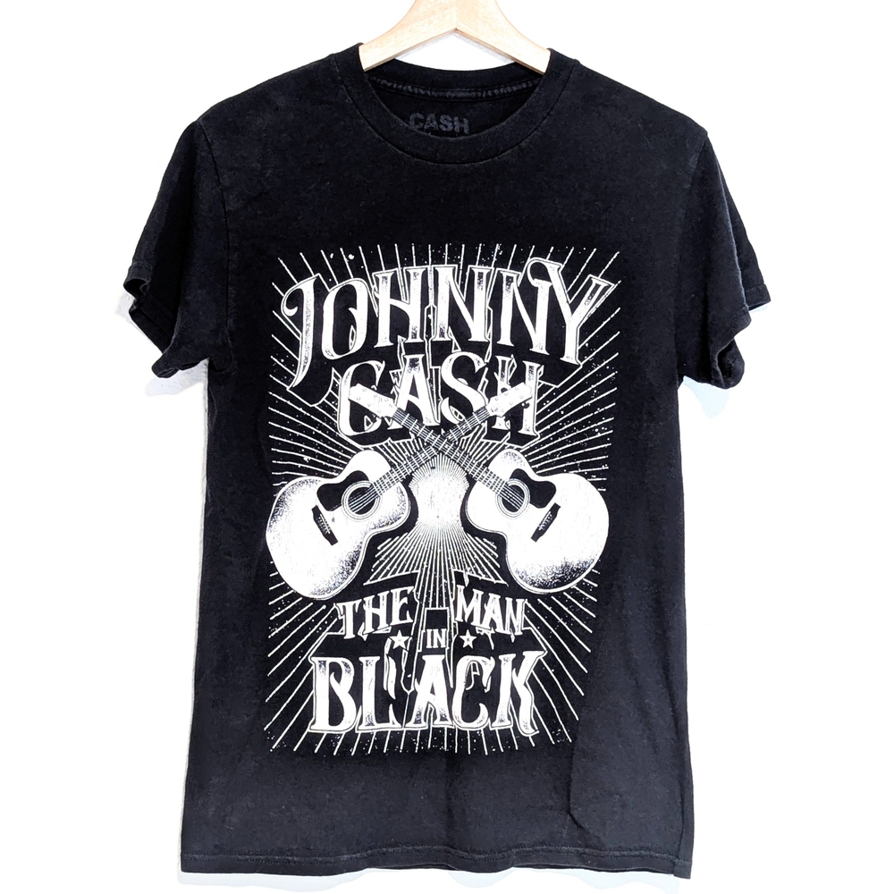 JOHNNY CASH Men's Small T-Shirt MAN IN BLACK -Black and White Distressed Fading